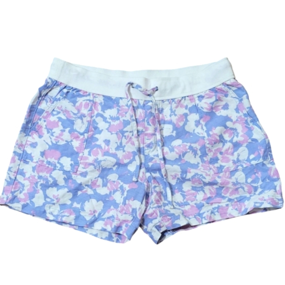 IZOD Linen Shorts Blue Pink Floral Print Cinch Waist Pockets Sz 12